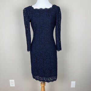 Cache Dress Womens 2 Navy Blue Lace 3/4 Sleeve Sheath Stretch Full Back Zip Mini